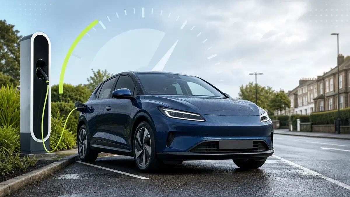 An electric car charging beside a British road