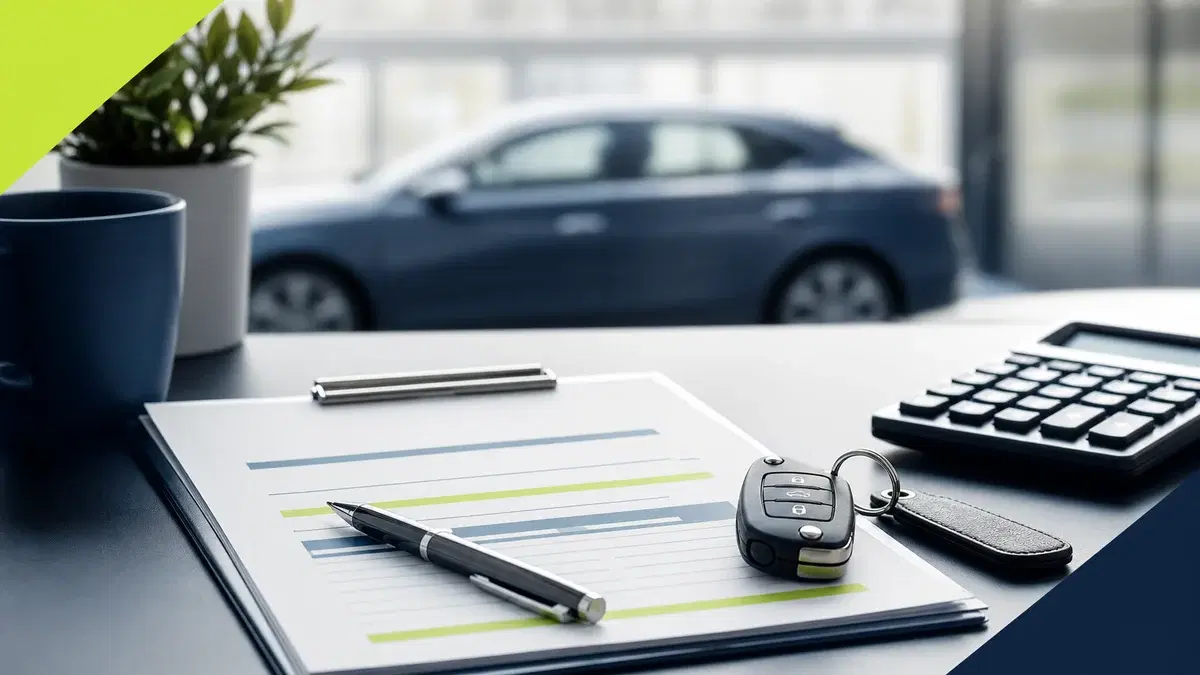 Car finance agreement, calculator and vehicle key on a desk