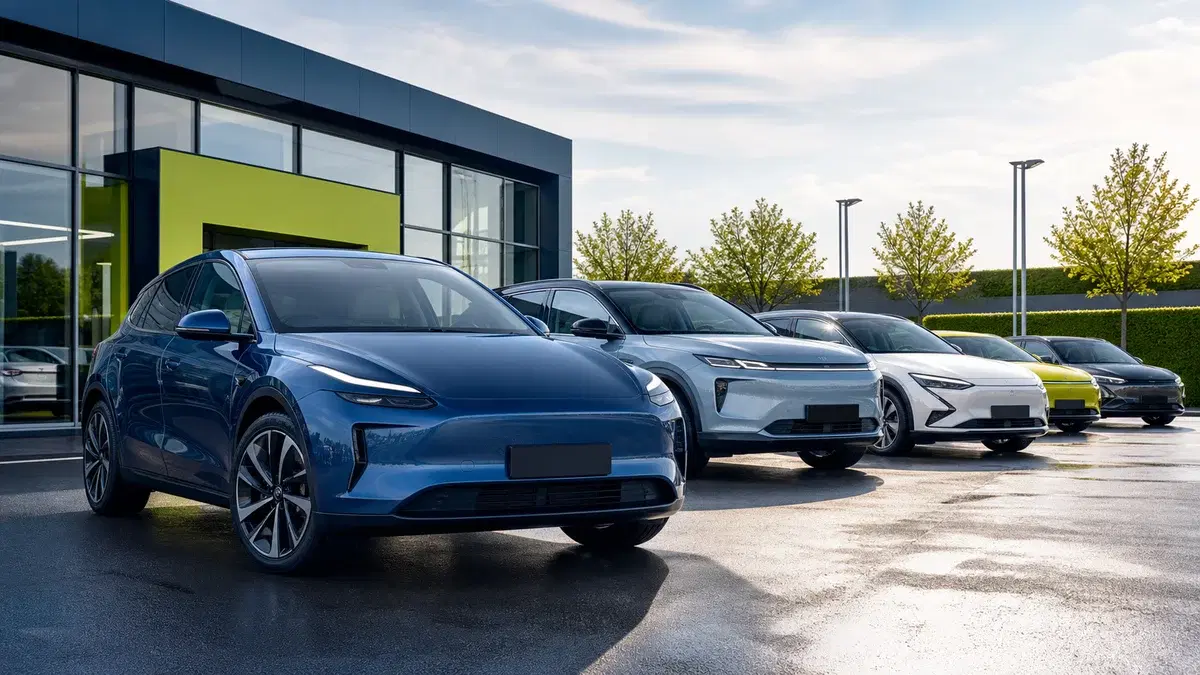 A selection of modern electric cars at a UK dealership
